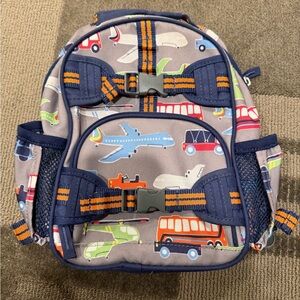 Pottery Barn Kids Gray Travel Vehicles Backpack with Blue and Orange Accents